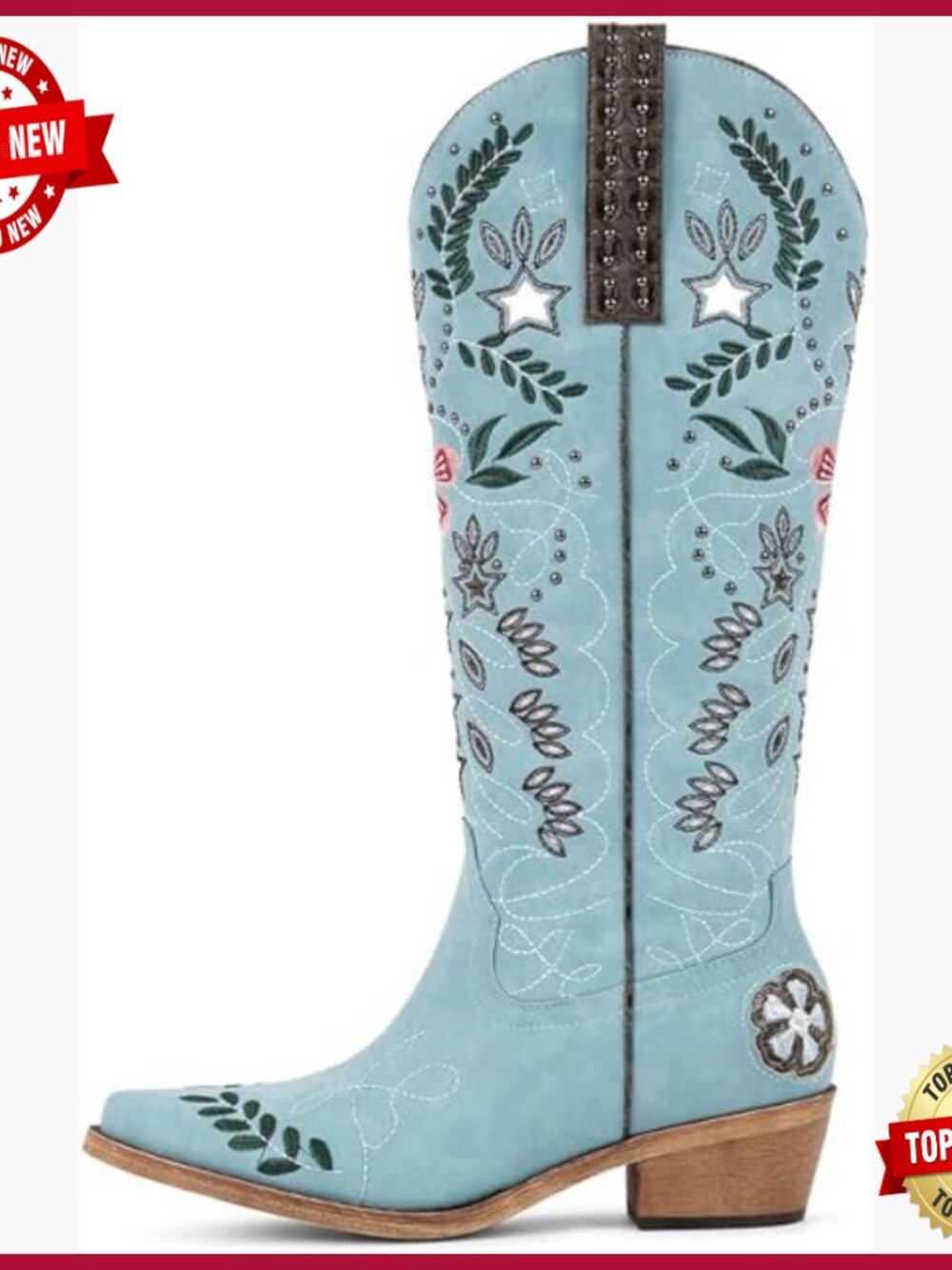 Knee High Western Boots Floral Embroidery Side Zipper Chunky Heel Leather